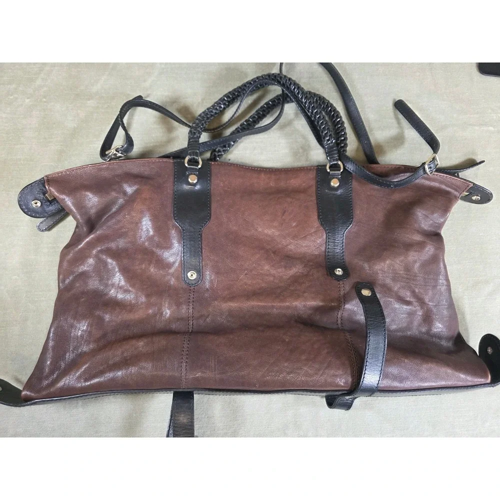 Gryson Joy Brown Black Leather Satchel Bag Made in Italy Moto Cargo Large